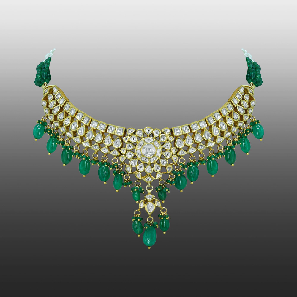 Polki Diamond Necklace with Captivating Design and Emerald Drops